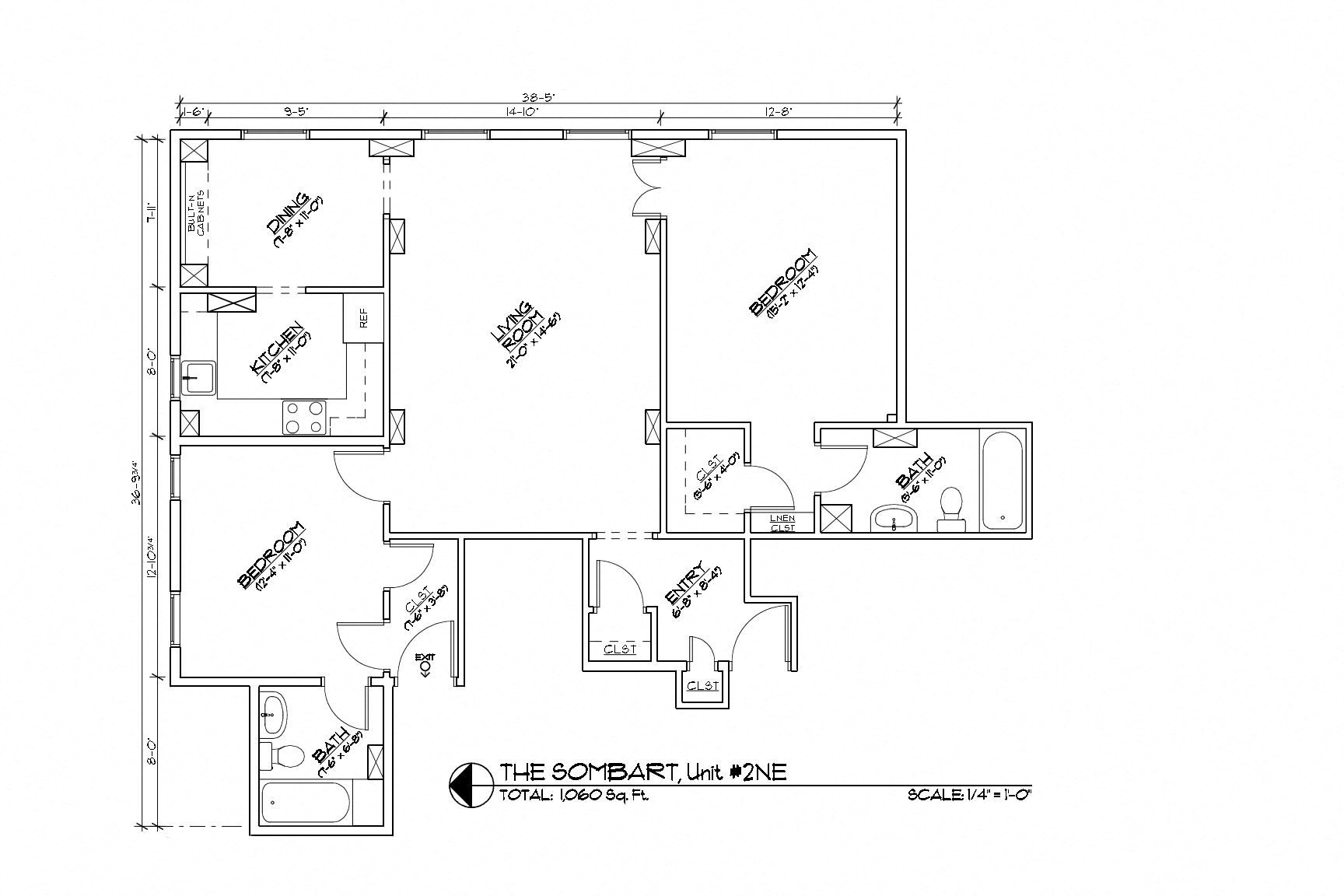 Floor plan for 2 beds, 2 baths, 1060 sqft